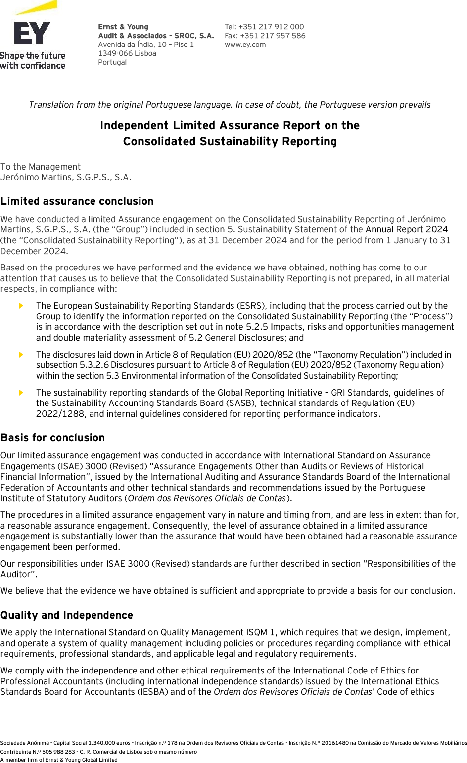 Page 1 of the independent limited assurance report (photo)