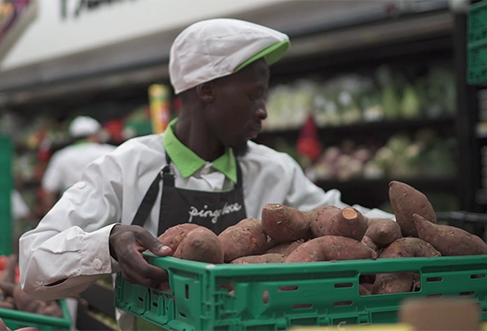 A Pingo Doce employee carries a tray full of sweet potatoes. (photo)