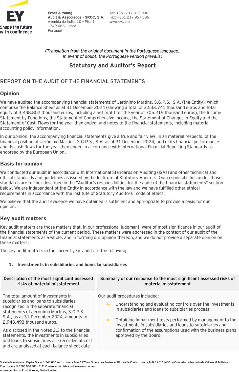 Page 1 of the auditors report of the individual financial statements (photo)