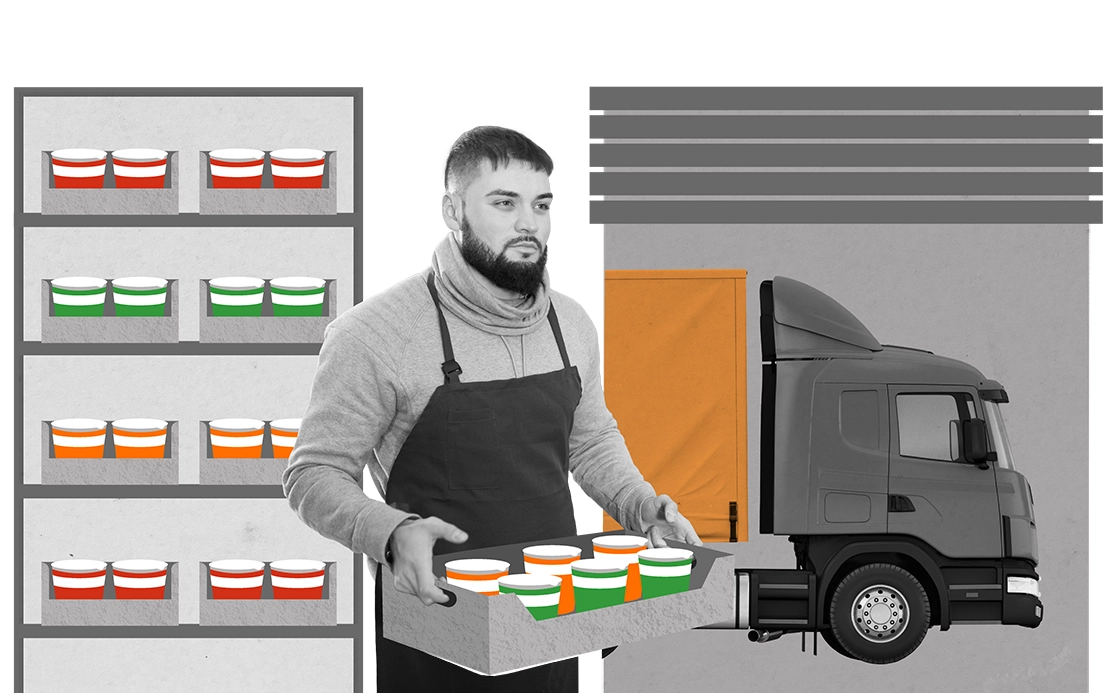 Collage with an employee, that carries a tray of green and orange container from a stocked shelf, with an orange truck visible behind a half open gate. (photo)