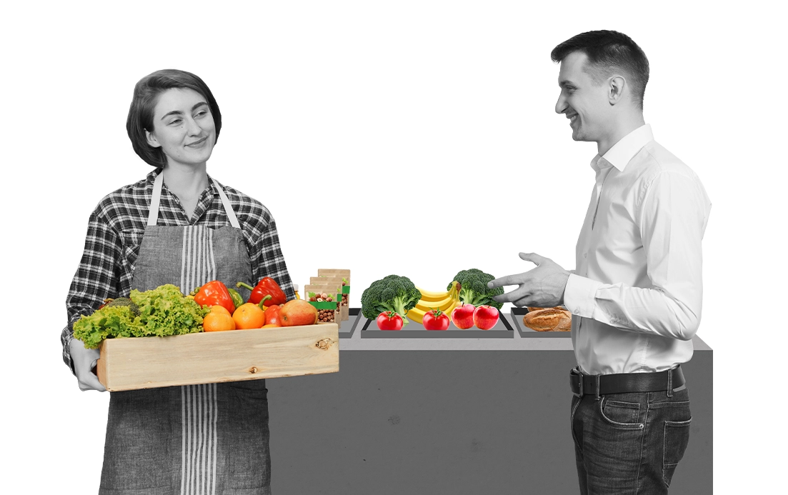 Collage of employees smiling over a tray with fresh vegetables. (photo)