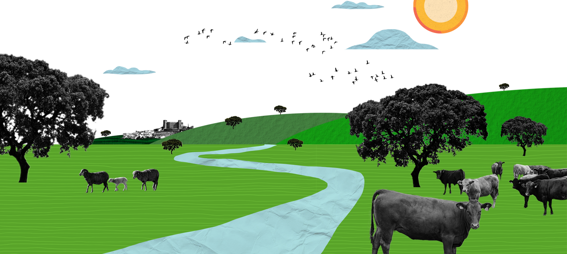 Collage of a countryside with a river, cows and trees (photo)
