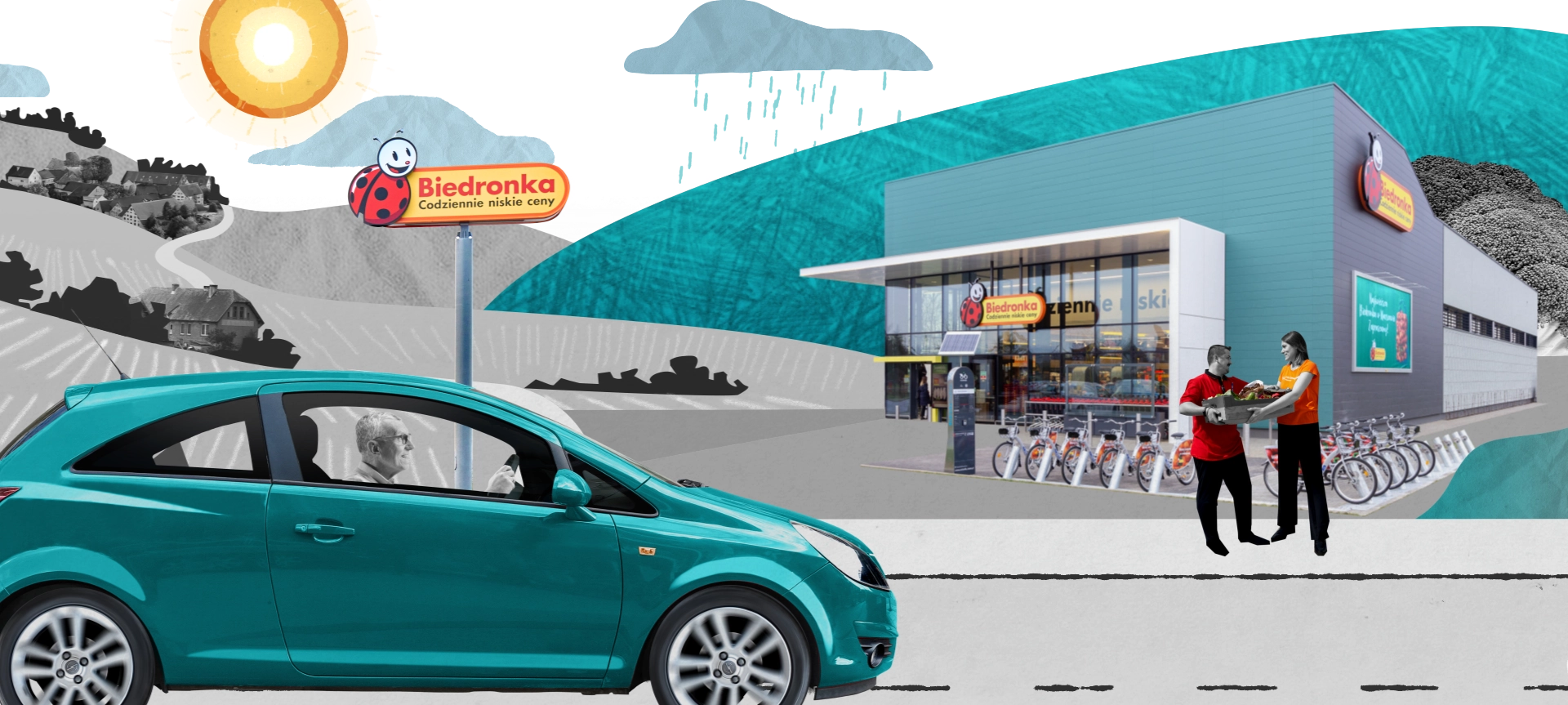 Collage of a Polish countryside, a consumer is driving a car in the foreground while two employees are standing in front of a Biedronka store.&nbsp; (photo)
