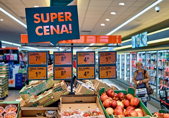 Fresh fruit section of a Biedronka store with a 'Super Cena!' sign (photo)