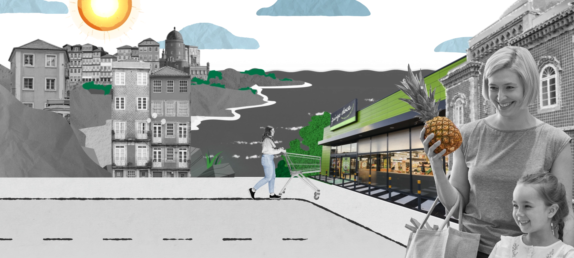 Collage of a Portuguese city with a Pingo Doce on the righthand side. A woman is walking towards the store pushing a shopping cart. Another woman is standing close to the store with her daughter (photo)