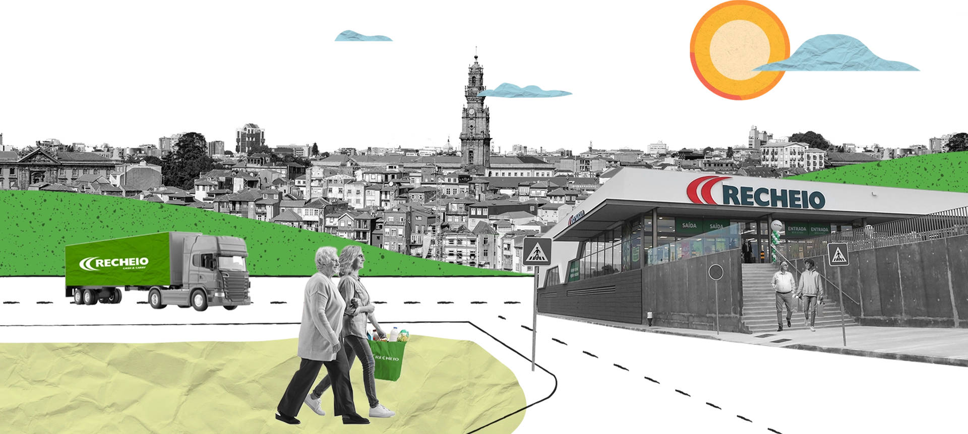 Collage showing a Recheio store on the right with a truck approaching it, a couple is walking in the foreground, and a Portuguese city can be seen in the background (photo)