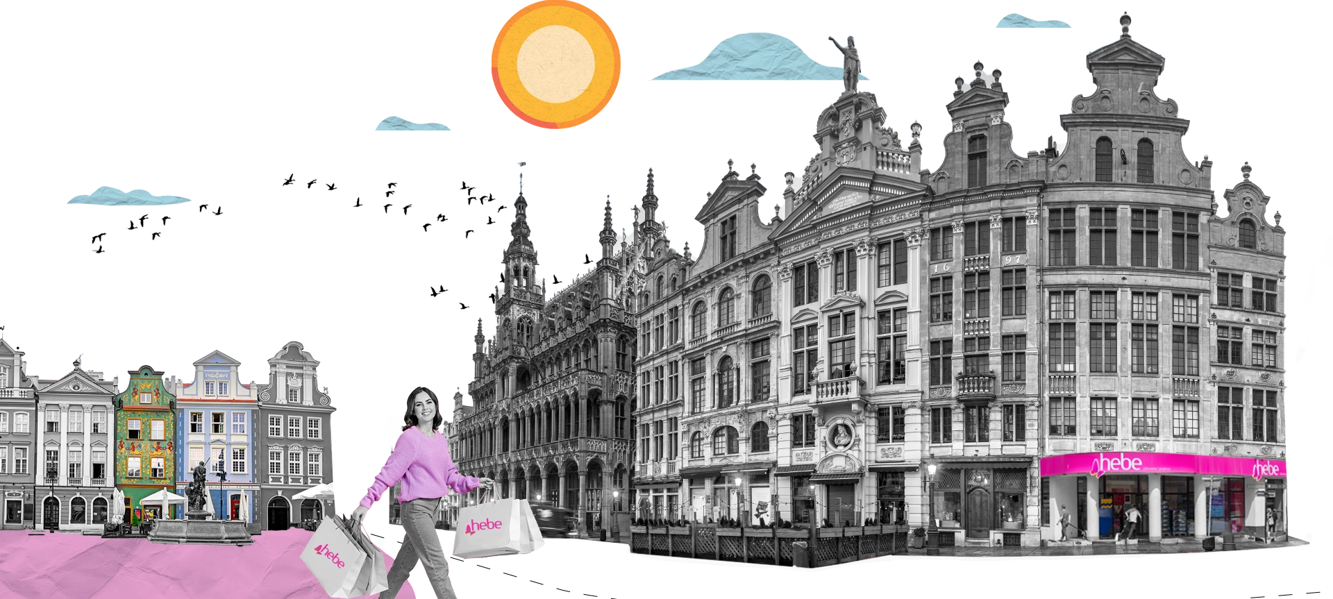 A collage of a city with a woman crossing the street carrying two Hebe shopping bags (photo)