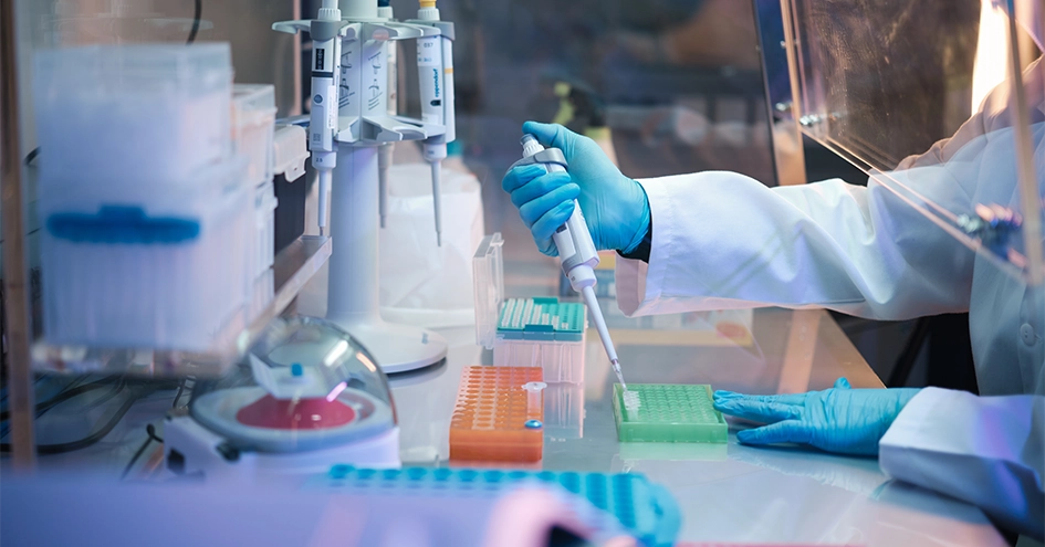 Close-up of the arms and hands of a person working in a lab (photo)