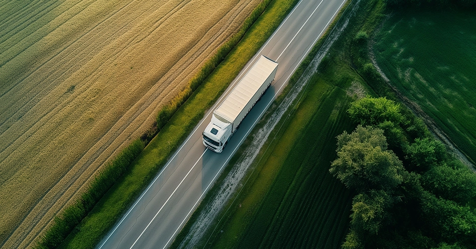 A truck driving on a road photographed from above; a field of grains to the left and a forest to the right (photo)