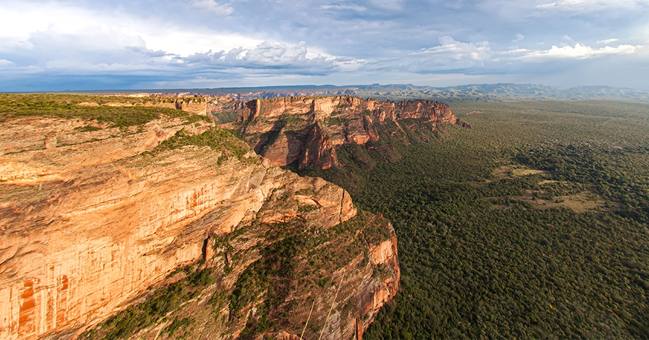 A large forrest to the right and stony cliffs to the left; photographed from above. (photo)