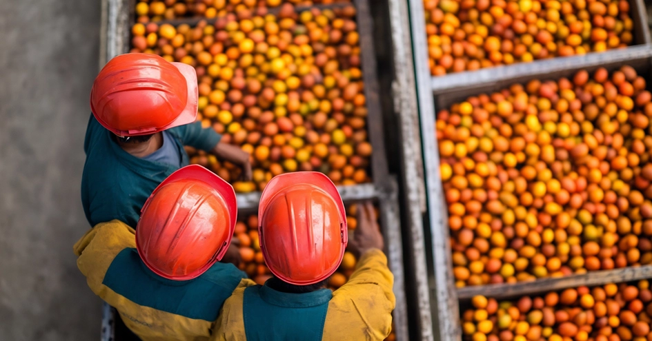 Workers wearing orange security helmets photographed from above looking into crates with palm fruit. (photo)