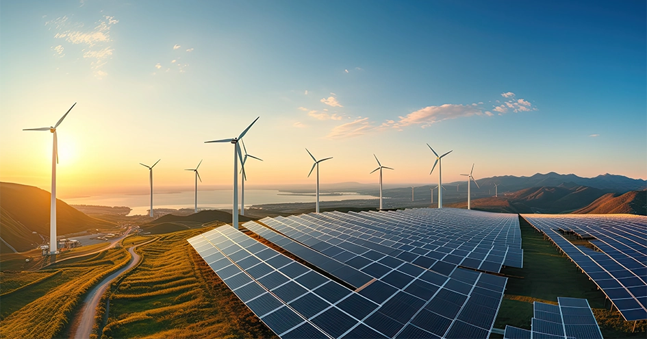 A wind park with solar panels in the foreground (photo)
