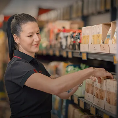 Employee arranging products in a supermarket shelf from Biedronka. (photo)