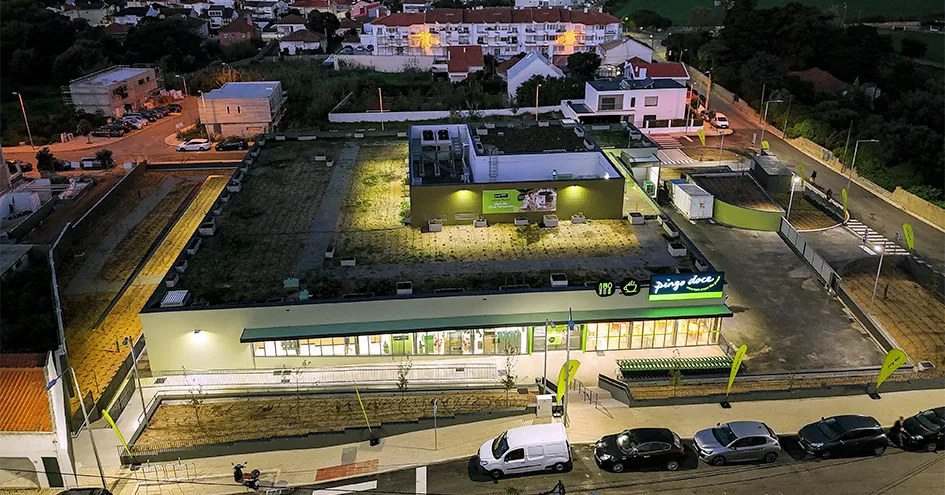 A modern Pingo Doce store from above at night (photo)