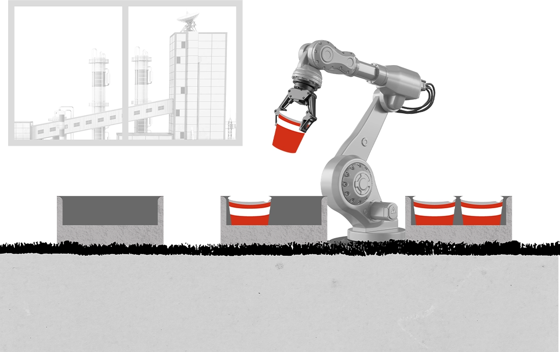Colagem com um braço robótico que move uma embalagem vermelha para uma caixa com uma segunda embalagem vermelha, em frente a uma janela onde se vê um edifício industrial. (foto)