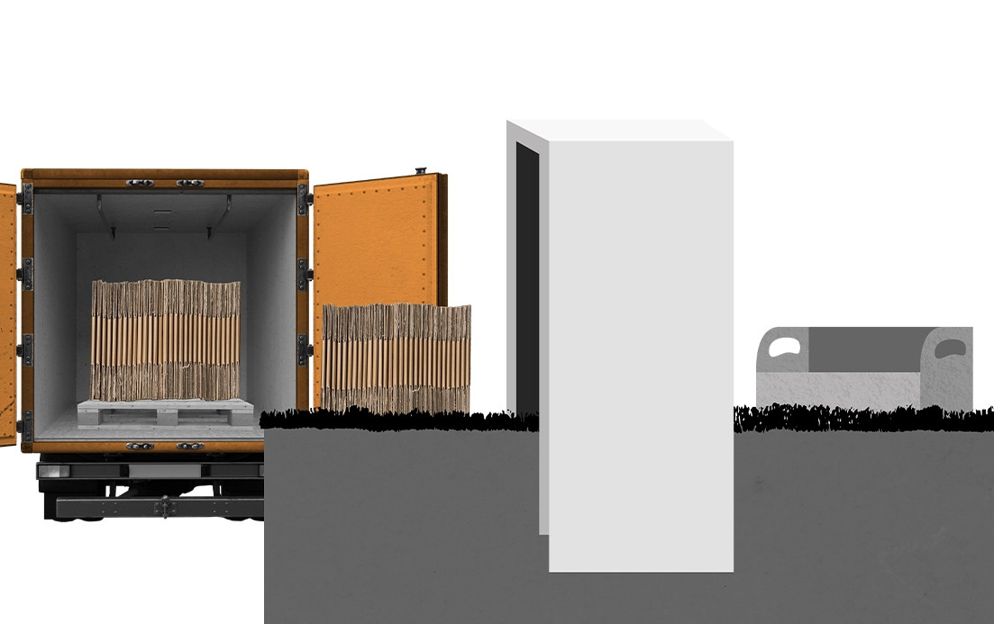 Colagem de um camião com embalagens a ser descarregado numa instalação de reciclagem. (foto)