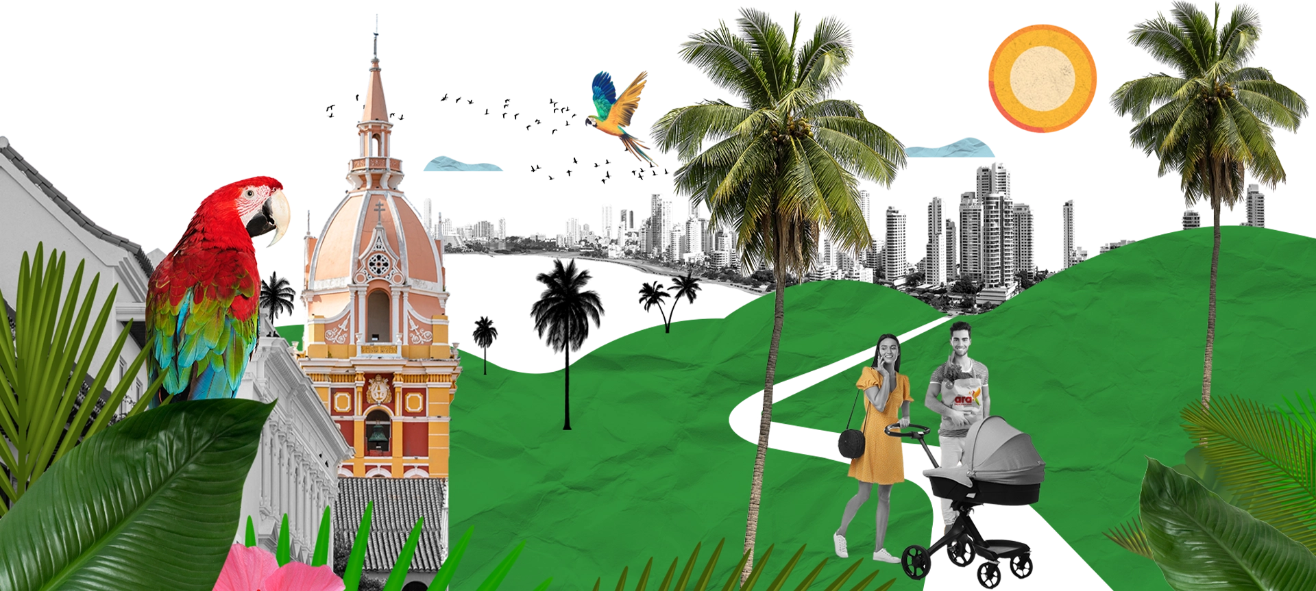 Colagem de um casal a caminhar numa paisagem colombiana com uma cidade ao fundo (foto)