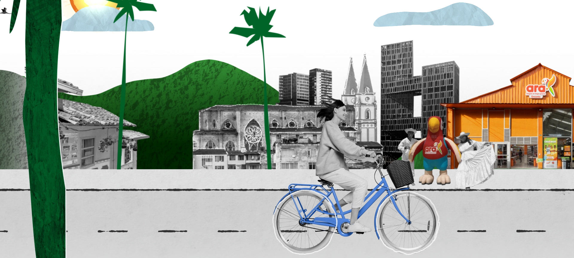 Colagem que mostra uma cidade colombiana, incluindo uma loja Ara com a mascote Ara e bailarinos. Um cliente aproxima-se numa bicicleta e outro colaborador da Ara está de pé em primeiro plano (foto)