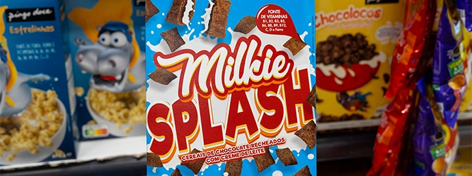 Uma mão a segurar uma caixa de cereais de pequeno-almoço em frente a uma prateleira com várias caixas de cereais (foto)