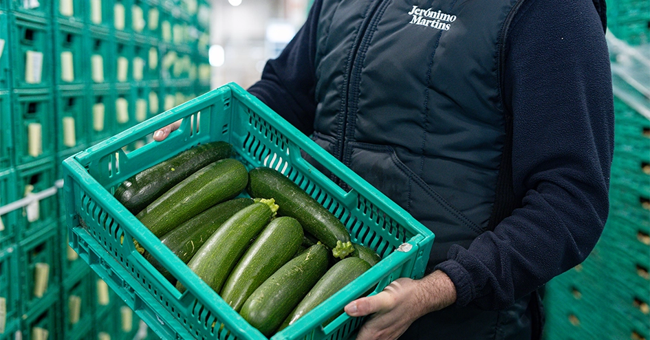 Plano fechado de um colaborador a segurar uma caixa de courgettes num centro de distribuição (foto)