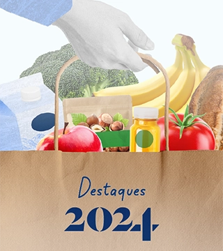 Capa do relatório e contas, que mostra um saco de compras kraft. Na parte inferior, a mensagem diz “Destaques do ano 2024” (foto)