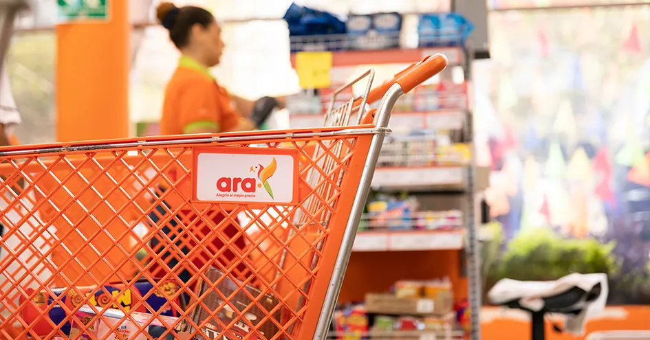 Close-up de um carrinho de compras com uma caixa de pagamento e um colaborador da Ara ao fundo (foto)